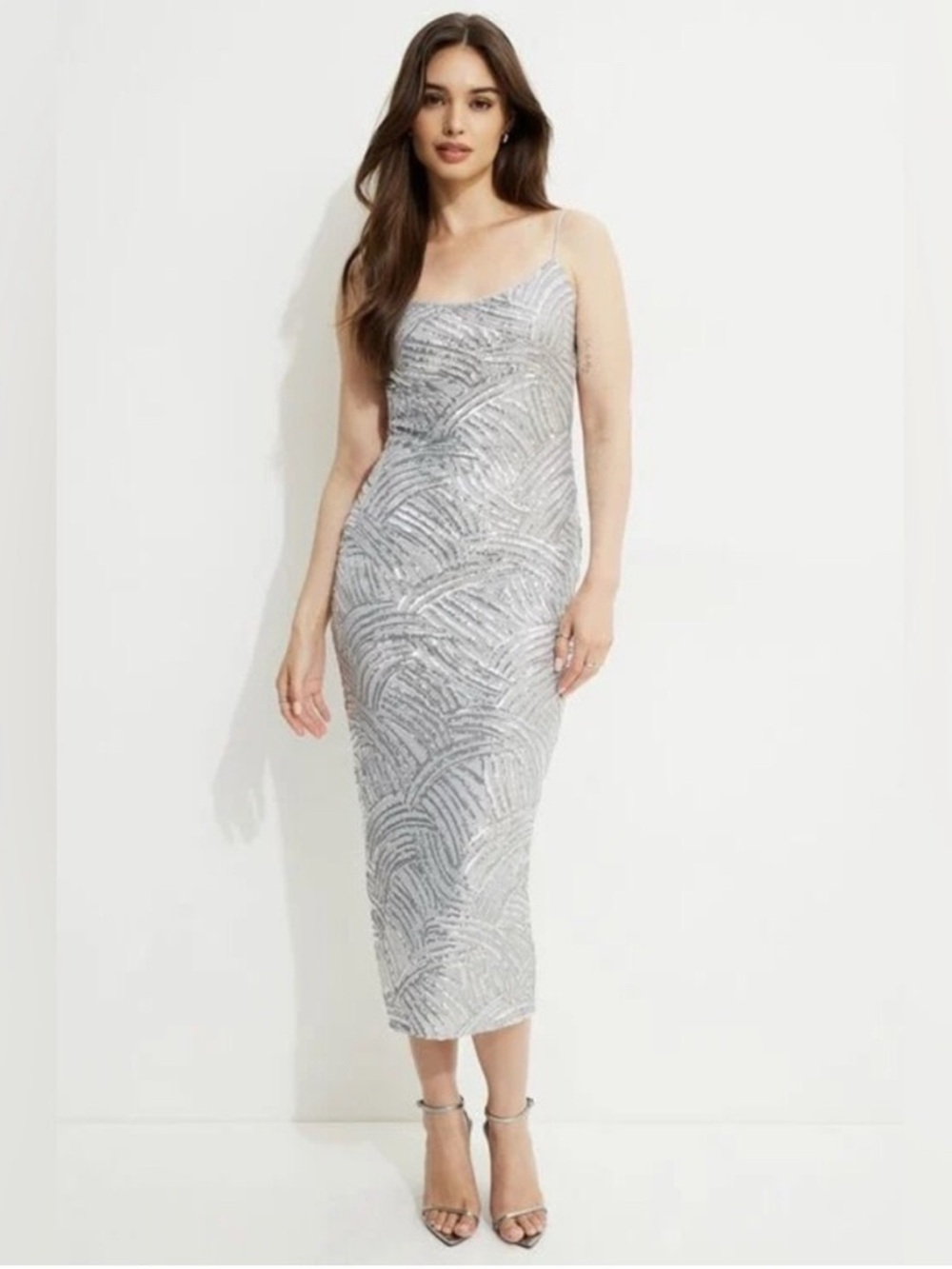 Dynamite Silver Sequin Slip Midi Dress